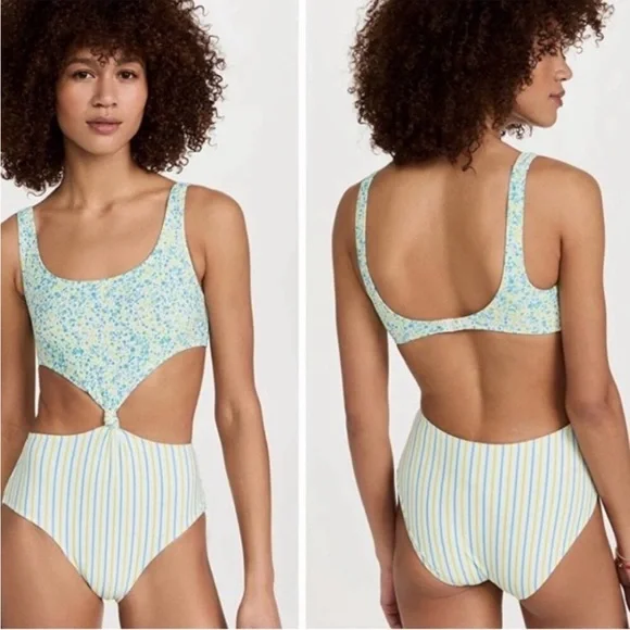 NEW SOLID & STRIPED Bailey Blue Floral and Yellow Striped Cutout One Piece Sz S - Picture 2 of 6